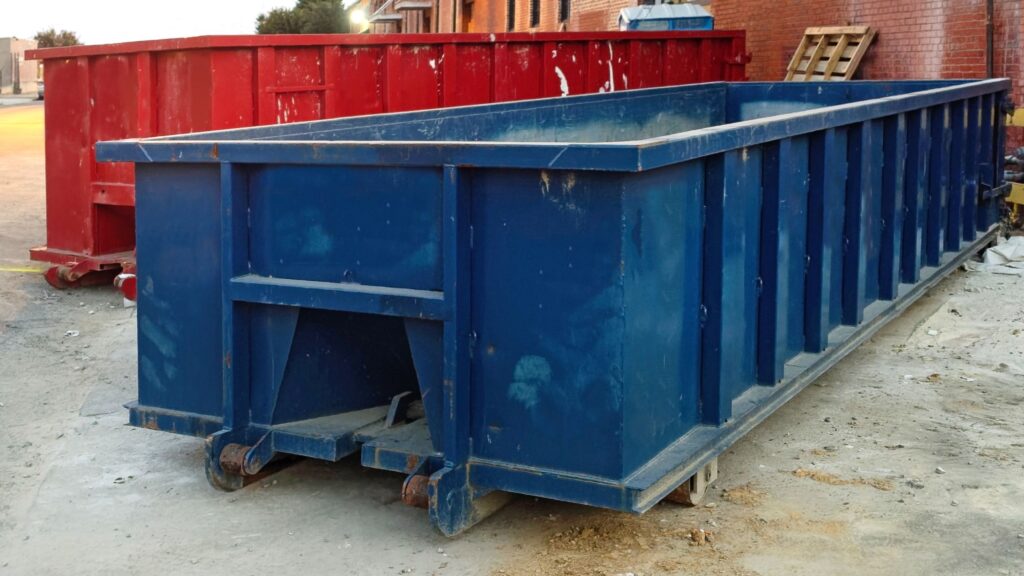 blue and red roll on roll off containers on a construction site