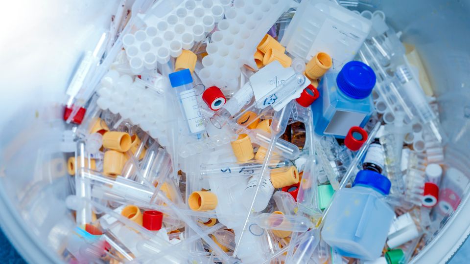 Sharps waste in a clear waste container.