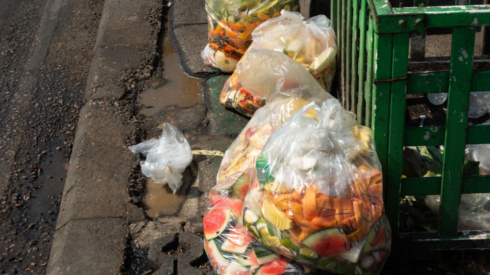 Bin bags filled with food waste.
