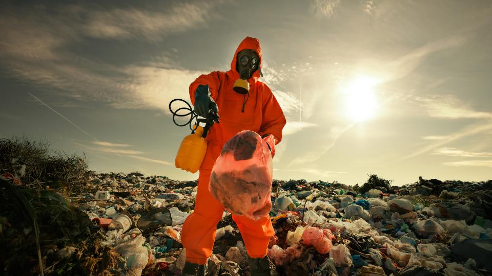 man with gar on picking up rubbish