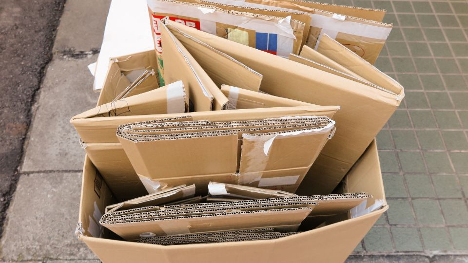 Carboard folded up for recycling.