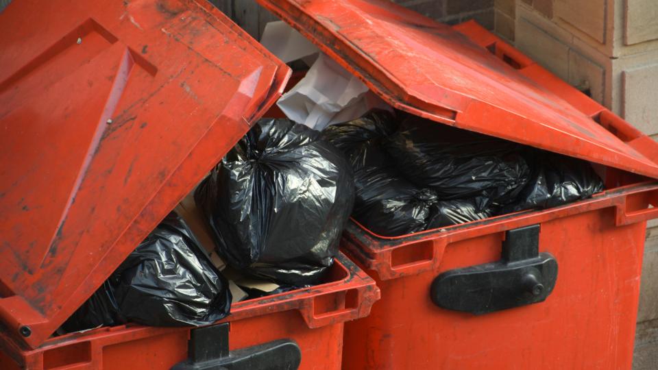 Red wheelie bins overflowing