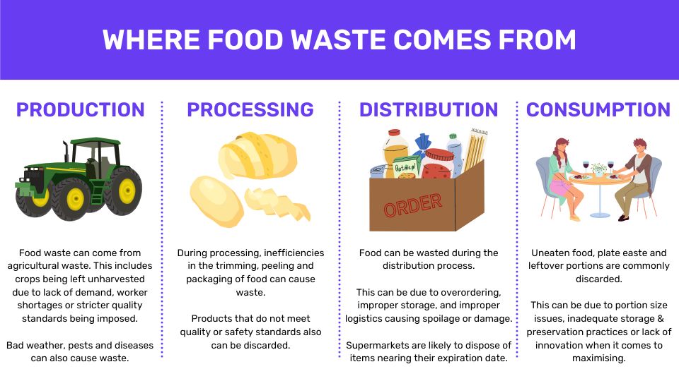 An infographic on where food waste comes from. It includes information about agricultural waste, processing, distrubution and consumption waste in restaurants, cafes and hotels.