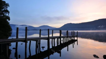 Lake District sunset with hills near lake